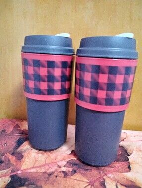 Tupperware 2 Reusable Travel Tumblers with Red & Black Buffalo Check Sleeve
